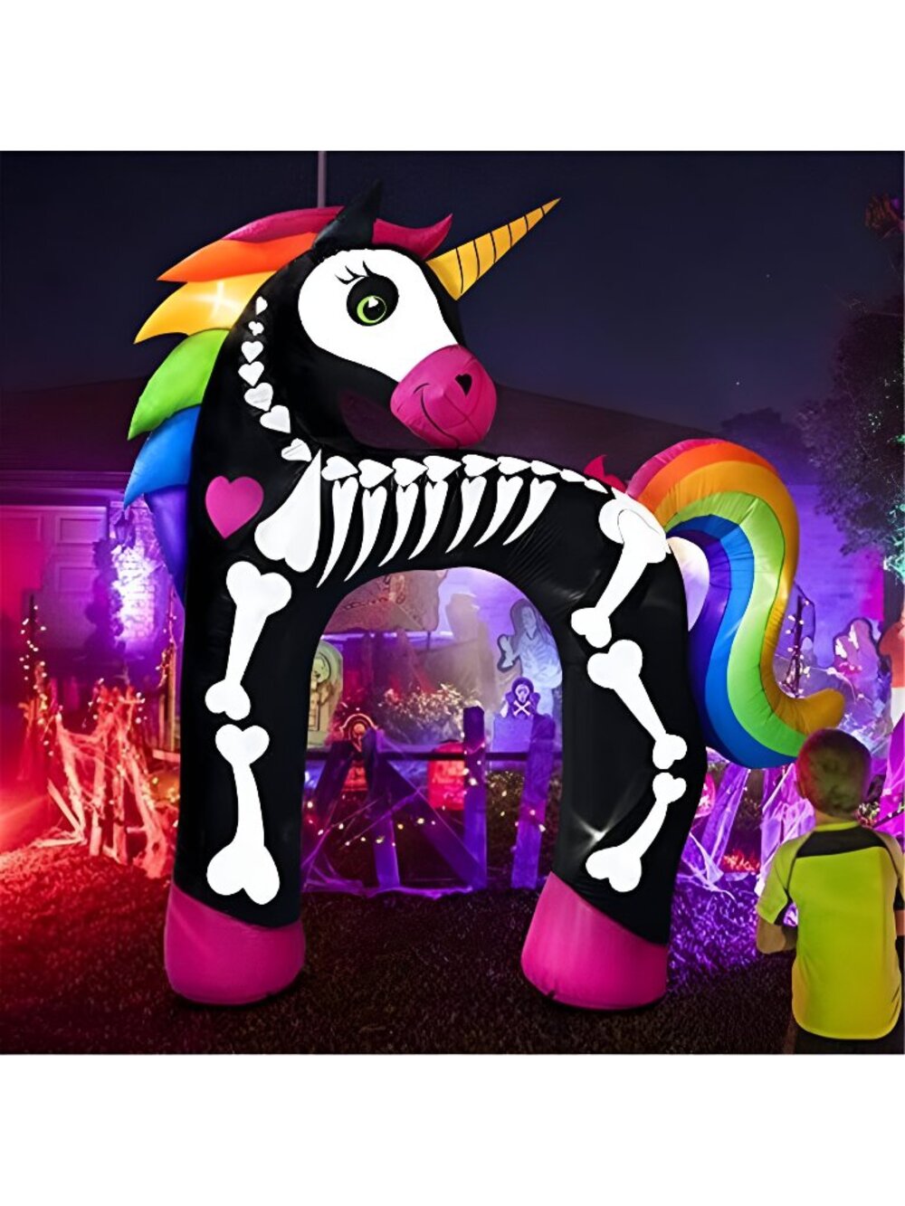 11FT Giant Halloween Inflatables Arch, Rainbow Skeleton Unicorn Decoration